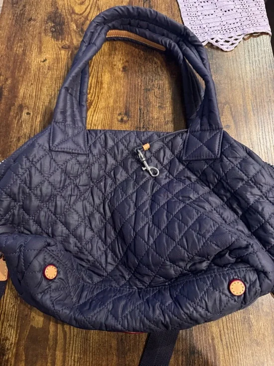 MZ Wallace Quilted Nylon Tote in Navy with Tan Trim - Picture 2 of 3
